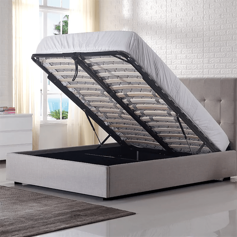 upholstered storage bed with lift-up base
