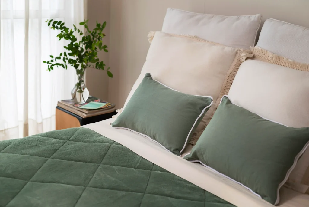 bed with green quilted bedding
