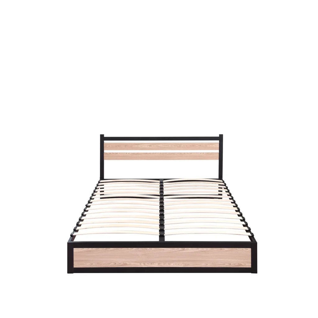 black metal bed frame with wooden headboard