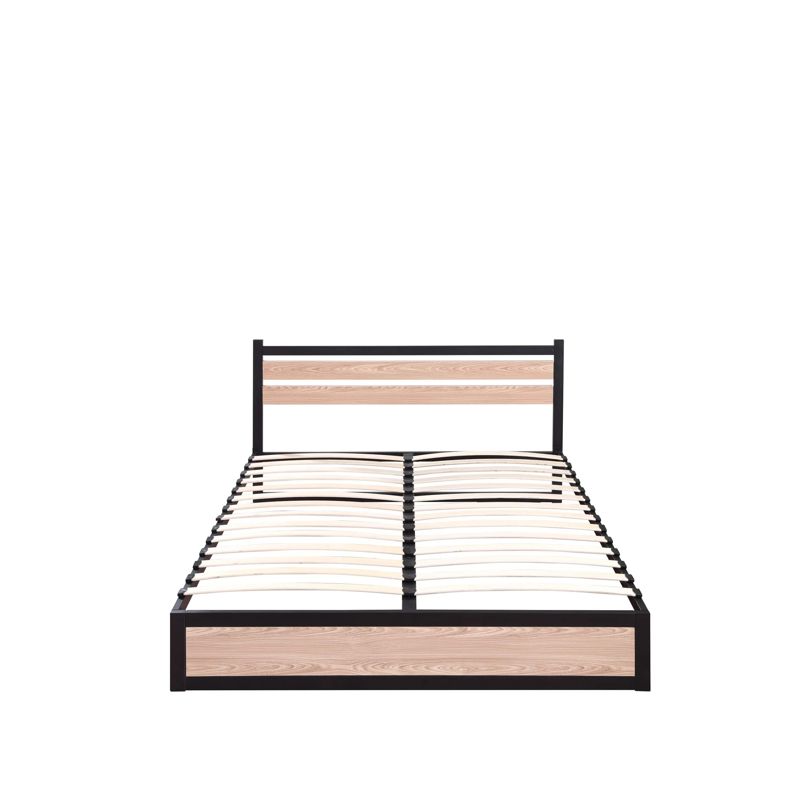 black metal bed frame with wooden headboard