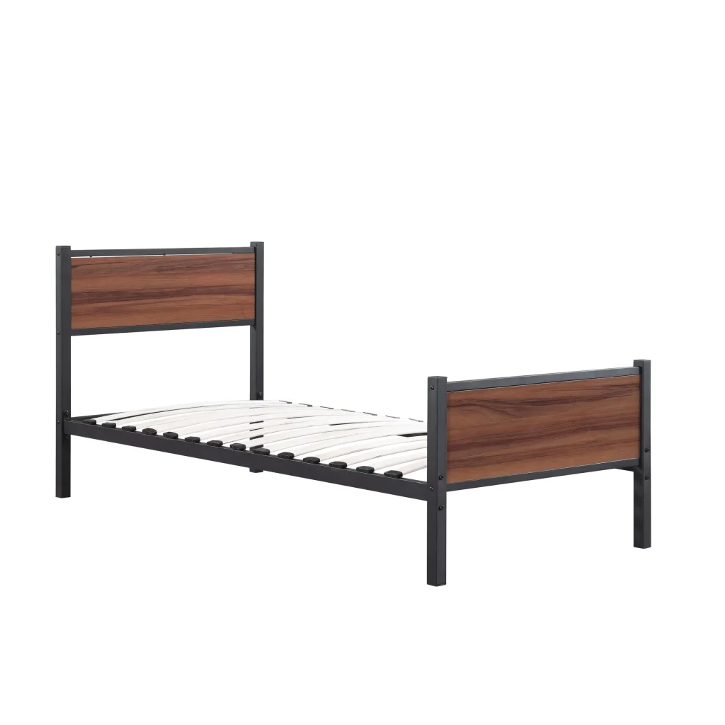 black metal bed frame with wooden headboard