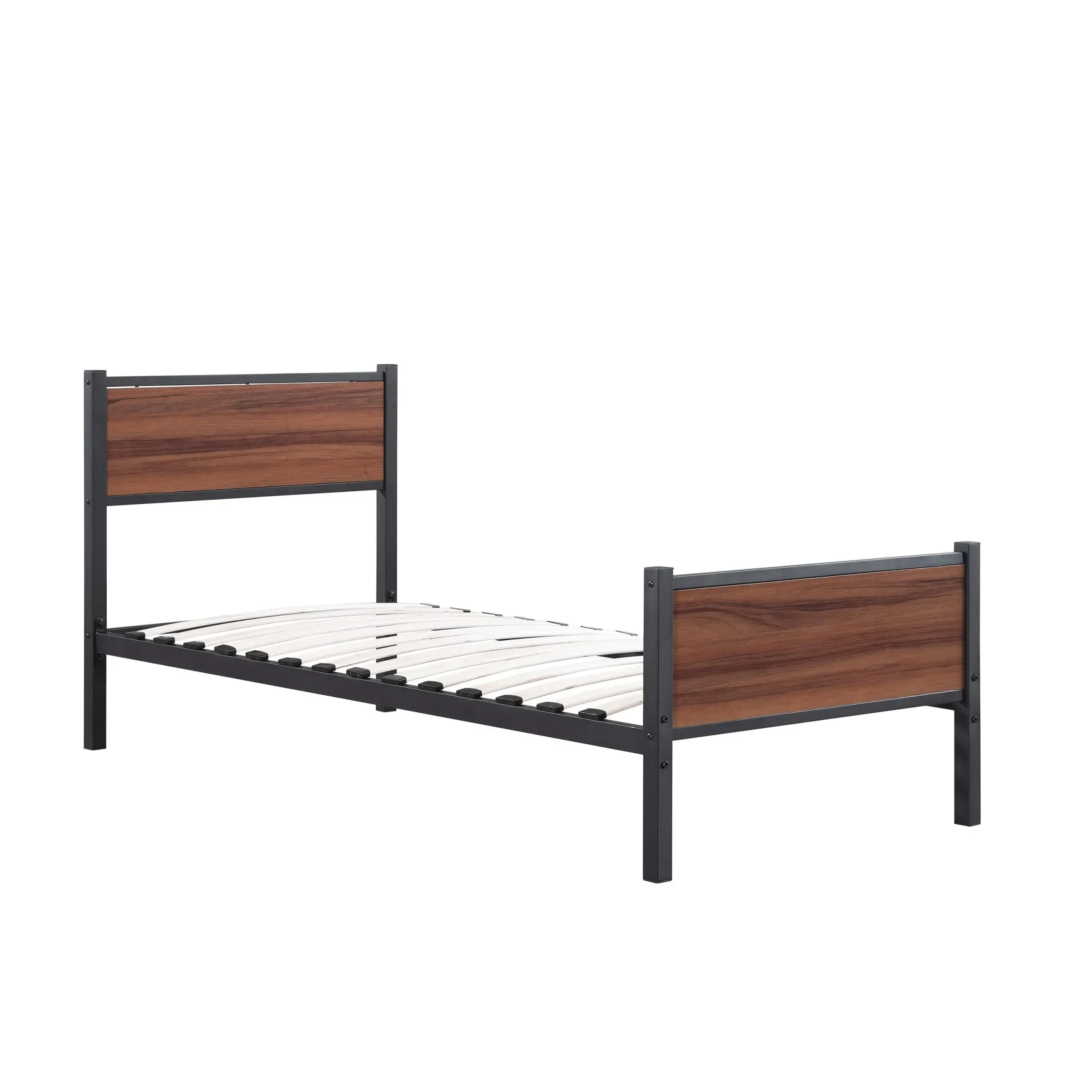 black metal bed frame with wooden headboard