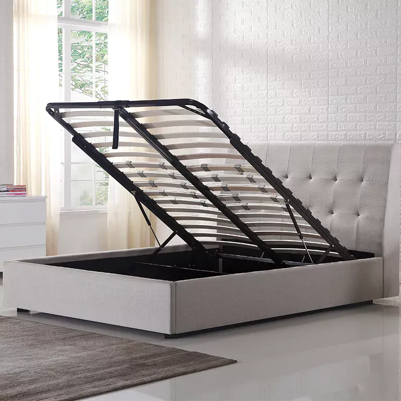 white storage bed with lift-up metal frame