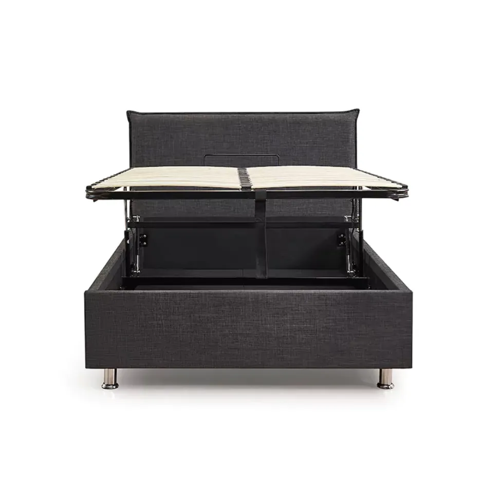 gray upholstered storage bed with lift-up base
