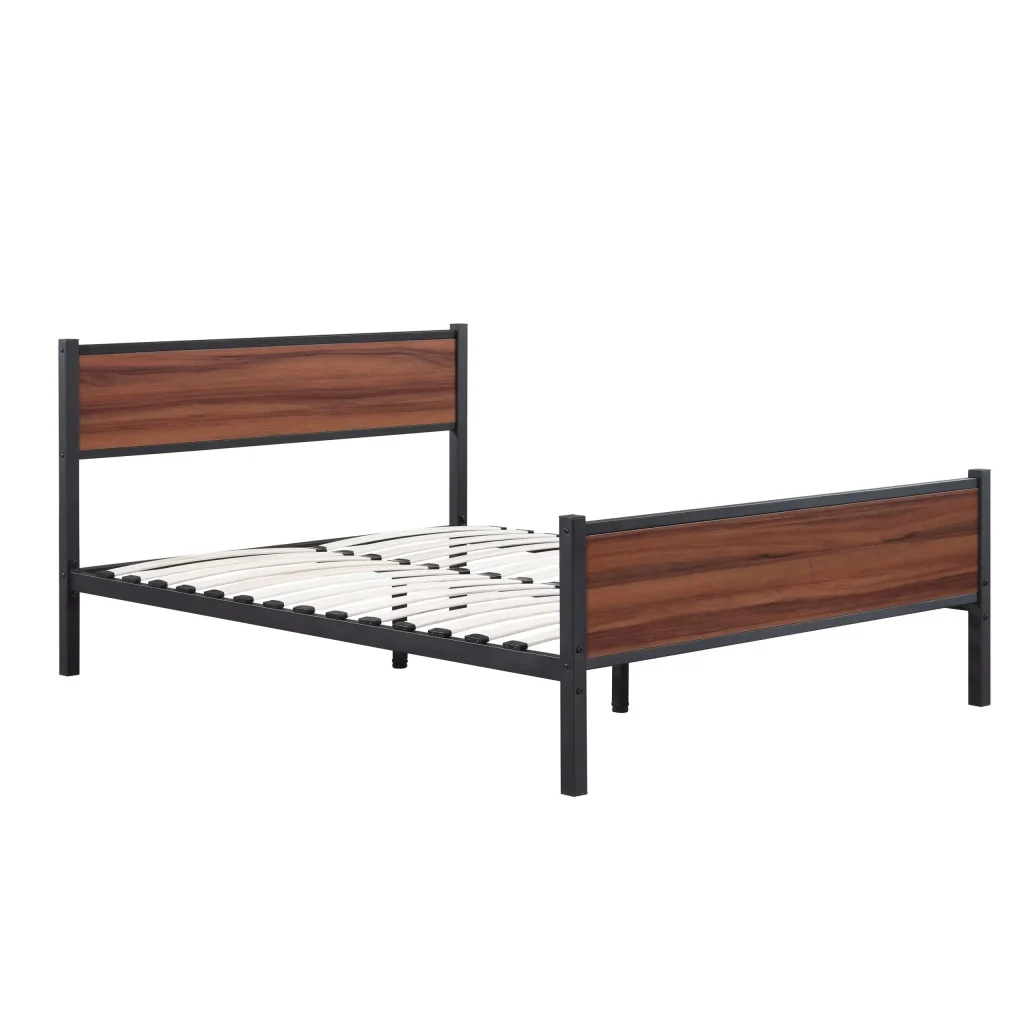 black metal bed frame with wooden headboard