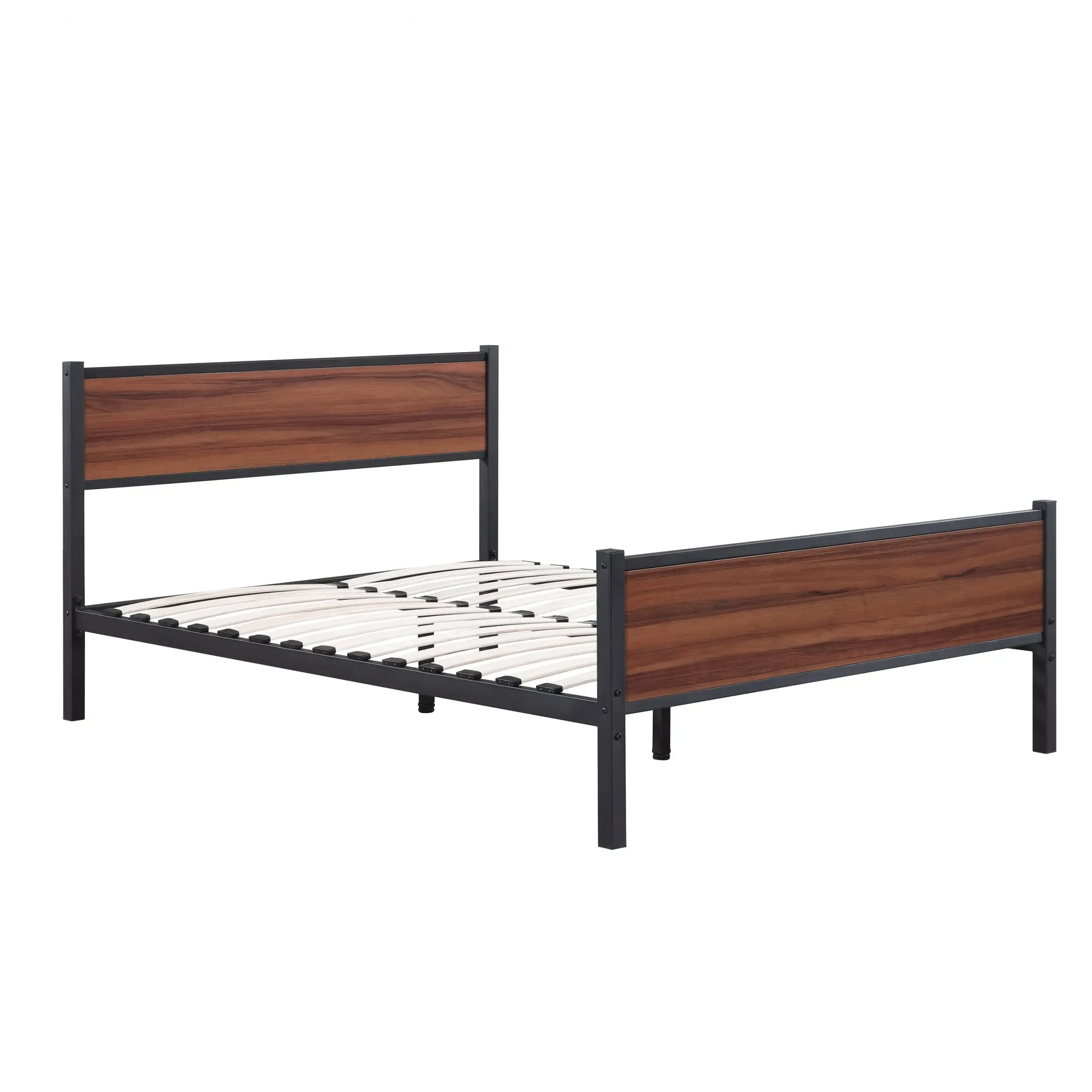 black metal bed frame with wooden headboard