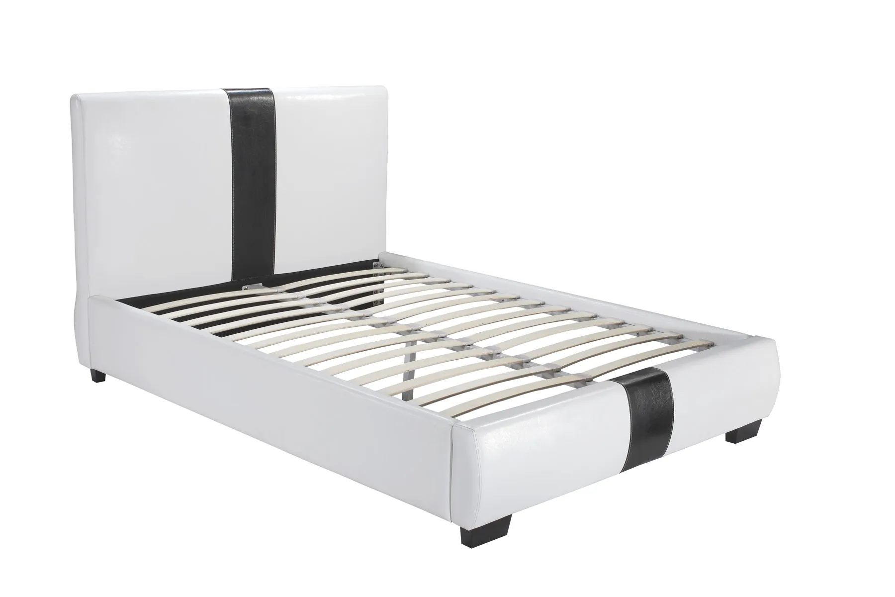 white upholstered bed with black stripe headboard