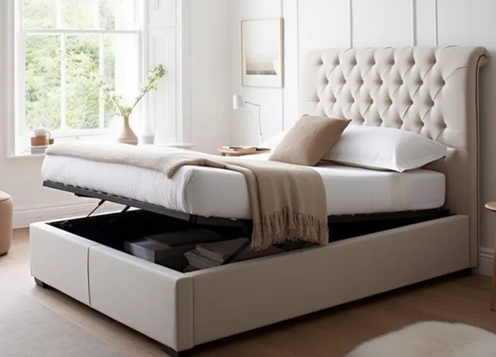 upholstered storage bed with lift-up base