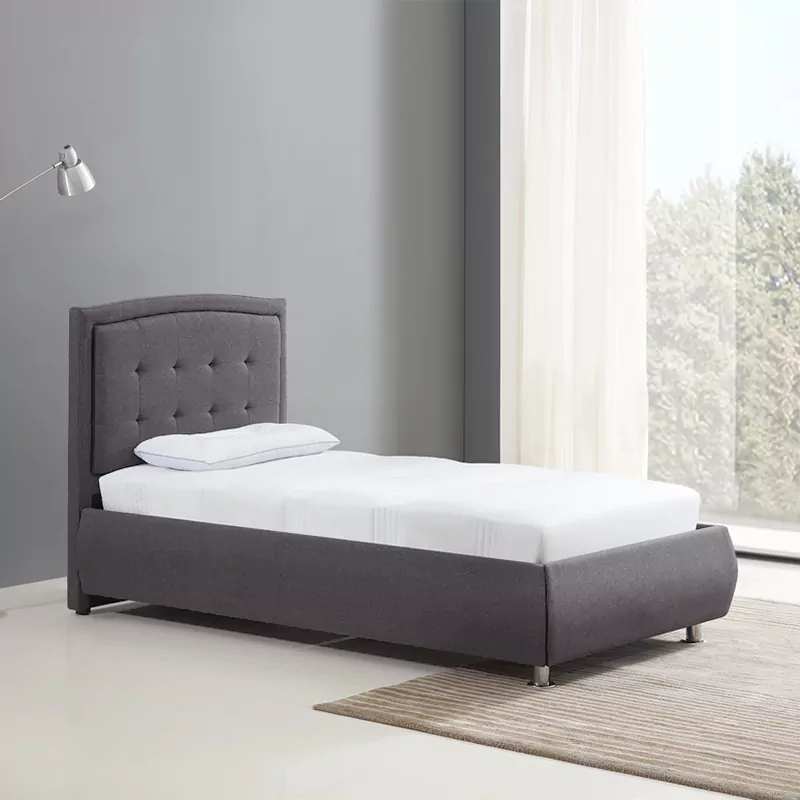 gray upholstered bed frame with square headboard