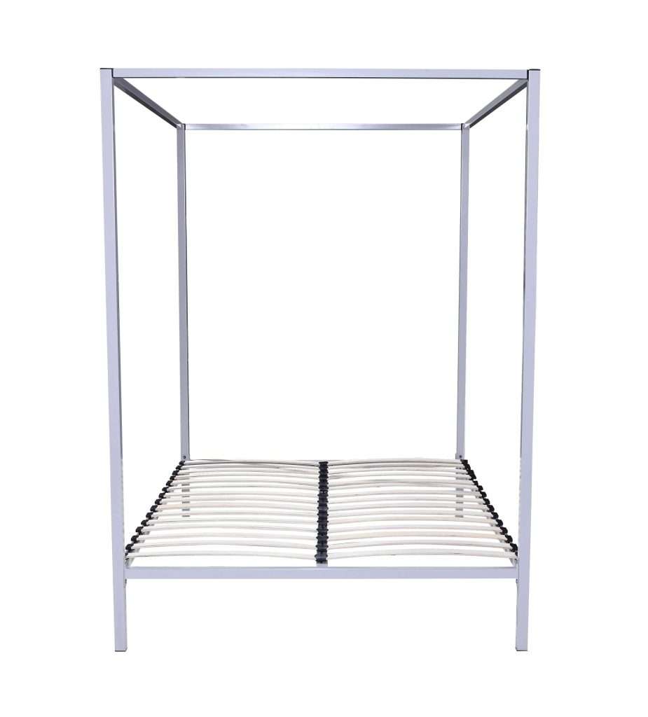 white metal canopy bed frame with slatted base
